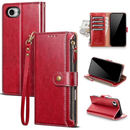 Compatible with iPhone 17e / 16e Wallet Case with Card Holder RFID Blocking Zipper Poket PU Leather Flip Phone Case with Wrist Strap Credit Card Slots Men Women,Red - color: Red