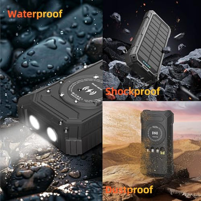 Solar Charger Power Bank 49800mAh Wireless Portable Phone Charger, 22.5W QC3.0 Fast Charging Built in 4 Cables with USB C 6 Outputs & 2 Inputs for All Cell Phone - color: Black