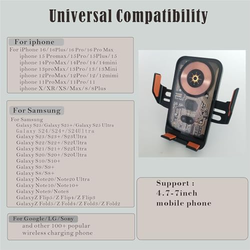 Wireless Car Charger Mount, 15W Fast Charging Auto Clamping Car Charger holder For iPhone/Samsung For IPhone 18 Pro Max 17 16 15 14 13 12 Pro,Samsung Galaxy S26 Ultra S25 S24 Ultra S23 S22 Pixel 11 10