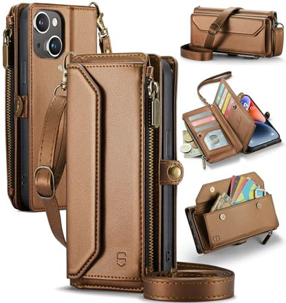 Strapurs Wallet Case Compatible with iPhone 14 Plus RFID Blocking 10-Card Holder Soft PU Leather Magnetic Snap Shoulder Strap Zipper Pocket Phone Case Fit for iPhone 14 Plus 6.7" - Brown | RFID Blocking 10-Card Holder, Shoulder Lanyard, Wirst Strap, Zippe