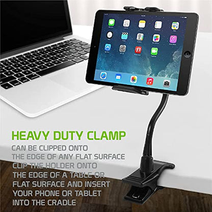Gooseneck Flexible Cell Phone Holder and Tablet Mount with Clamp. Clip-On Stand for Bedroom Desktop Kitchen Office Car Compatible for iPad Pro Air Mini, Galaxy Smartphones iPhones, Google Pixels