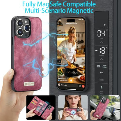 Compatible with iPhone 15 Pro Wallet Case with Magsafe,Red | Magnetic Detachable Case,Card Holder,Zipper Pocket,Strap Wristlet, Soft Leather Drop-Proof Phone Case for iPhone 15 Pro 6.1" - color: Red, size: iPhone 15 Pro 6.1"