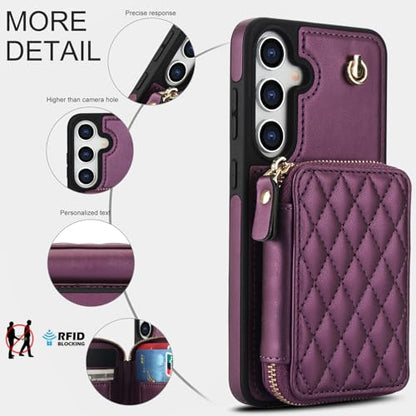 Phone Case for Samsung Galaxy S25 5G Wallet Cell Cover with Tempered Glass Screen Protector Wrist Crossbody Strap RFID Blocking Credit Card Holder Slot S 25 25S 25 25S SM-S931U Women Girls Dark Purple - color: Dark Purple