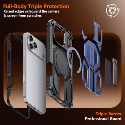 for iPhone 17 Pro Max Case with Kickstand, [15FT Military-Grade Drop Protection] [Compatible with MagSafe] Rugged Shockproof Heavy Duty Magnetic iPhone 17 Pro Max Phone Case Cover (Blue) - color: Blue