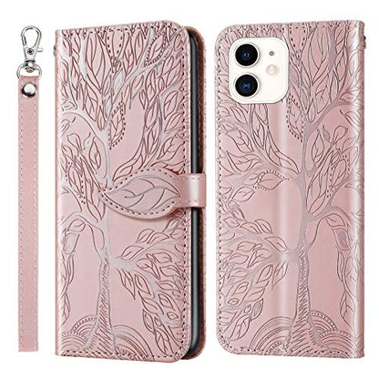 Wallet Case for iPhone 11 with Card Slot/Holder,PU Leather Flip Folio Shell [Magnetic Closure][Wrist Strap][Kickstand] Phone Cover Shockproof Compatible with iPhone 11 6.1 inch 2019,Rose Gold - color: Rose gold, size: iPhone 11 (6.1 inch)