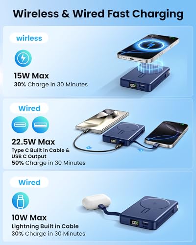 Magnetic Portable Charger, Power Bank Fast Charging 22.5W 10000mAh, Portable Charger with Built in Cable, for Magsafe Battery Pack Compatible with iPhone 17/16/15/14/13/12 Pro/Pro Max, Samsung Blue