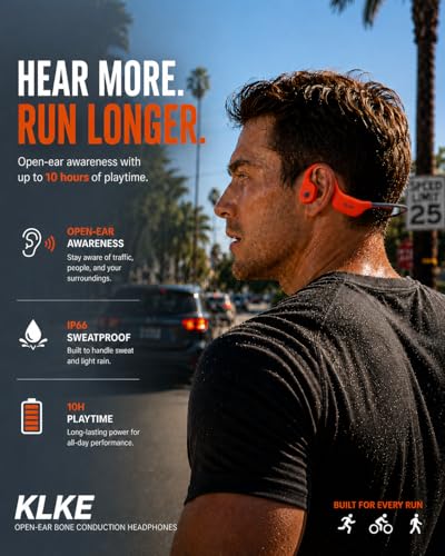Bone Conduction Headphones for Running with mic and Rear Safety Light - color: KLKE-Orange