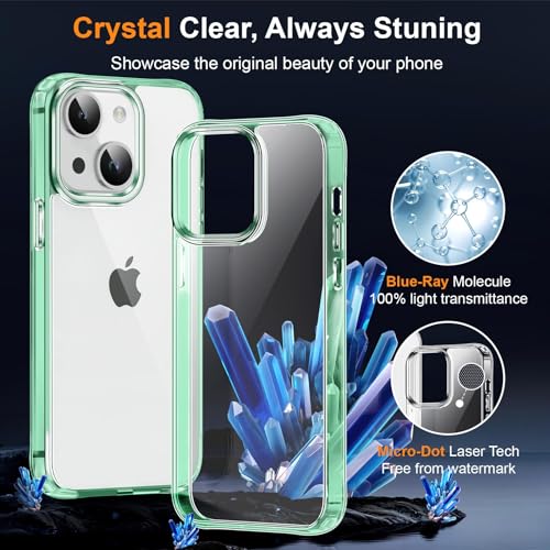 MOCCA Compatible with iPhone 15 Case Clear, [Non-Yellowing][Supports Wireless Charging] Slim Thin Shockproof Transparent Bumper Cover Phone Case for iPhone 15 - Light Green