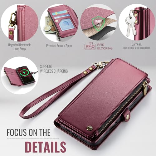 Defencase for iPhone 14 Wallet Case with RFID Blocking Card Holder, WineRed | Durable Soft PU Leather, with Zipper Pocket, Wrist Strap, Fashion Snap Flip Phone Cases Cover with Stand for Women and Men - color: Wine Red