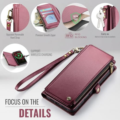 Defencase for iPhone 13 Wallet Case with RFID Blocking Card Holder, WineRed | Durable Soft PU Leather, with Zipper Pocket, Wrist Strap, Fashion Snap Flip Phone Cases Cover with Stand for Women and Men - color: Wine Red