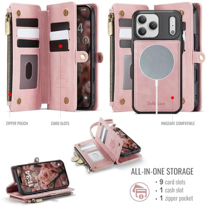 Defencase for iPhone 17 Pro Max Case Wallet Compatible with Magsafe, Pink | Drop-Proof Magnetic Detachable Phone Cases Cover, with RFID Bolcking Card Holder, Zipper Strap, PU Leather, Removable Wallet - color: (Detachable with Magsafe)-Pink