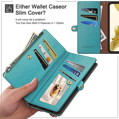 XcaseBar Compatible with iPhone 17 6.3" Wallet case with Zipper Credit Card Holder【RFID Blocking】,Flip Folio Book PU Leather Phone case Shockproof Cover Women Men for Apple 17 case Blue Green - color: Blue Green, size: iPhone 17 6.3"