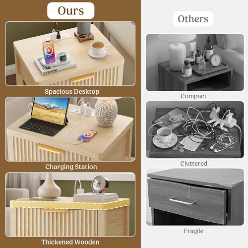 Night Stand Set 2, Fluted Wood Nightstands w/Charging Station for Bedroom - color: Natural Oak, size: 1 Drawer-Set of 2 Nightstand