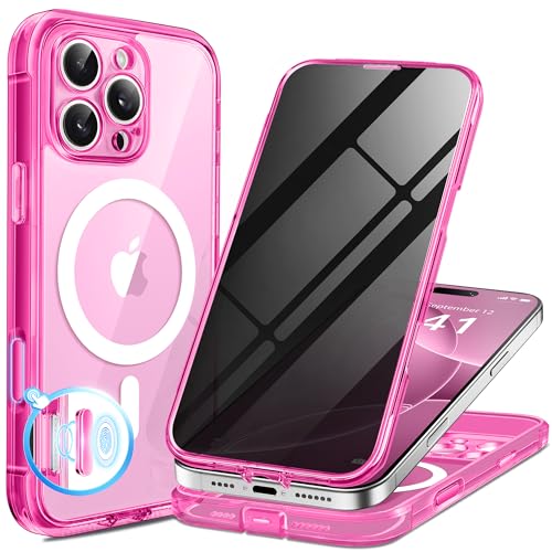 BERFY for iPhone 16 Pro Max Case, Compatible with MagSafe, Built-in Privacy Screen Protector, Camera Protection, Shockproof Full Body Phone Case 6.9", Clear Fluorescent Pink - color: Bright Pink, size: For Iphone 16 Pro Max 6.9 Inch