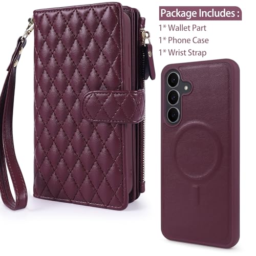 Harryshell Detachable Wallet Case for Samsung Galaxy S25 FE Compatible with Magsafe RFID Blocking Card Slots Removable Phone Cover Zipper Purse Kickstand Wrist Strap for Men Women Quilted Burgundy - color: Quilted Burgundy
