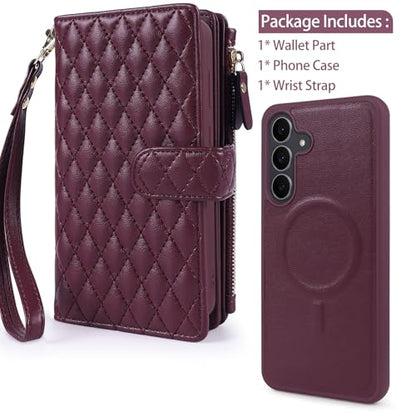 Harryshell Detachable Wallet Case for Samsung Galaxy S25 FE Compatible with Magsafe RFID Blocking Card Slots Removable Phone Cover Zipper Purse Kickstand Wrist Strap for Men Women Quilted Burgundy - color: Quilted Burgundy