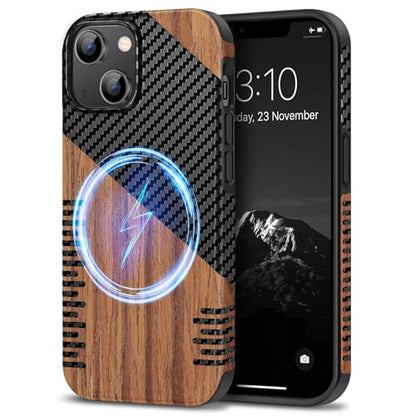 TENDLIN Magnetic Case Compatible with iPhone 14 Plus Case Wood Grain with Carbon Fiber Texture Design Leather Hybrid Slim Cover (Compatible with MagSafe) Twill - color: Magnetic Twill, size: iPhone 14 Plus