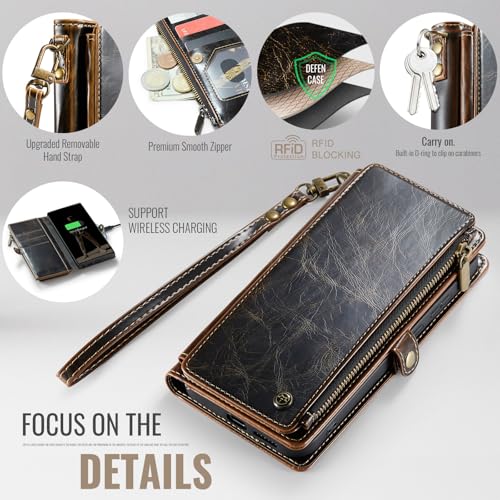 Defencase for Samsung Galaxy S25 Ultra Wallet Case with Card Holder, Coffee | with RFID Blocking Zipper Pocket, Durable PU Leather, Wrist Strap, S25 Ultra Flip Phone Cases Cover with Stand for Women Men - color: Coffee