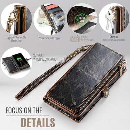 Defencase for Samsung Galaxy S25 Ultra Wallet Case with Card Holder, Coffee | with RFID Blocking Zipper Pocket, Durable PU Leather, Wrist Strap, S25 Ultra Flip Phone Cases Cover with Stand for Women Men - color: Coffee