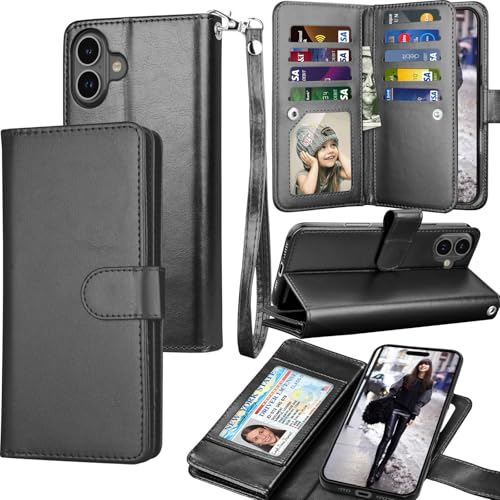 Tekcoo Wallet Case Compatible with iPhone 16 (6.1 inch) 2024 Luxury ID Cash Credit Card Slots Holder Carrying Pouch Folio Flip PU Leather Cover [Detachable Magnetic Hard Case] with Strap [Black] - color: Black, size: 16