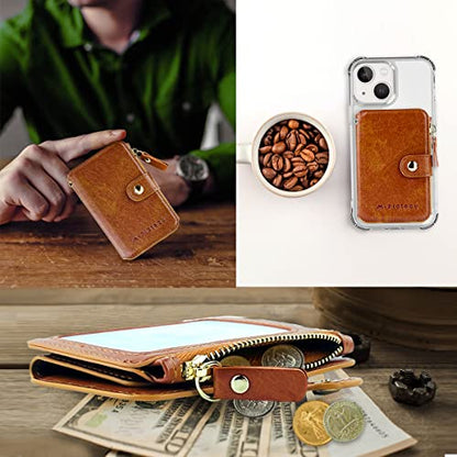 M-Plateau Phone Wallet with ID Window and Adhesive Sticker | Card Holder for Phone case Stick on Attachable Credit Card Holder for Phone (Compatible with Most Smartphones) - color: Brown