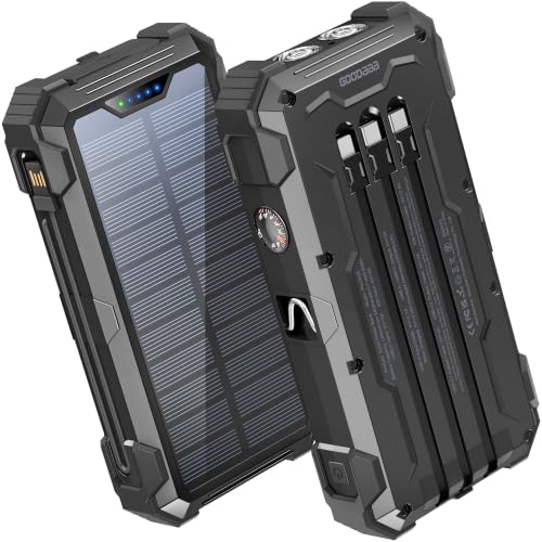 GOODaaa Solar Power Bank 24000mAh, Portable Charger with 4 Built-in Cables - color: Deep Black