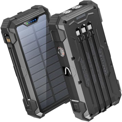 GOODaaa Solar Power Bank 24000mAh, Portable Charger with 4 Built-in Cables - color: Deep Black