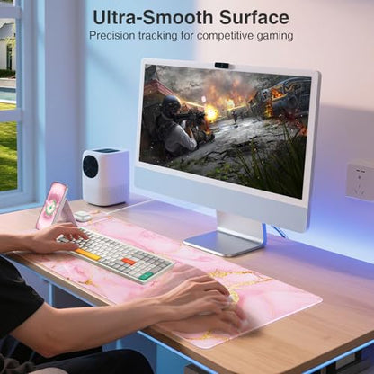 Wireless Charging Mouse Pad with Phone Holder, 31.5"x15.8" in, Pink Marble - color: Pink Marble-Phone Holder-31.5"x15.8"
