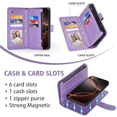 Asuwish Phone Case for iPhone 16 Pro 6.3 inch Zipper Wallet Magnetic Detachable Cell Cover with Tempered Glass Screen Protector Crossbody Strap Flower Card Holder Slot i Phone16 i16 16Pro Women Purple - color: Purple