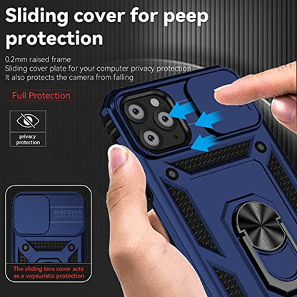 for iPhone 11 Pro Case with Camera Lens Cover HD Screen Protector, Dual Layer Military Grade Drop Protection Magnetic Ring Holder Kickstand Protective Phone Case for iPhone 11 Pro 5.8 inch (Navy Blue) - color: Navy Blue with camera cover Military-Grade 2n