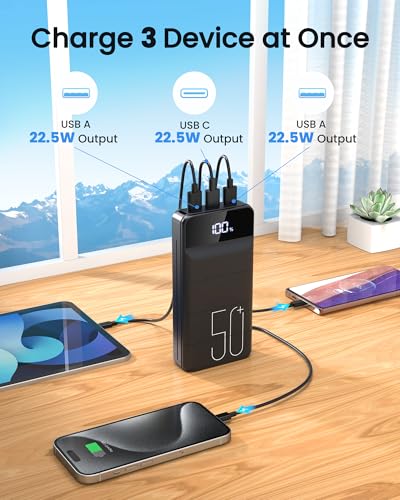LOOPEAK Power Bank 50000mAh 22.5W Fast Charging Portable Charger, USB C Quick Charge with 3 Outputs & 2 Inputs, LED Display, Huge Capacity External Cell Phone Battery Pack for iPhone, Samsung, iPad - color: Black