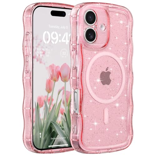 FABSPARK Glitter Case for iPhone 16e/17e,Fit for MagSafe,Pink | Magnetic Curly Wavy Frame | Sparkly Bling Glitter | Transparent Clear Acrylic Hard PC for iPhone 17e/16e,Pink - color: Glitter Clear Pink, size: for iPhone 16e/17e