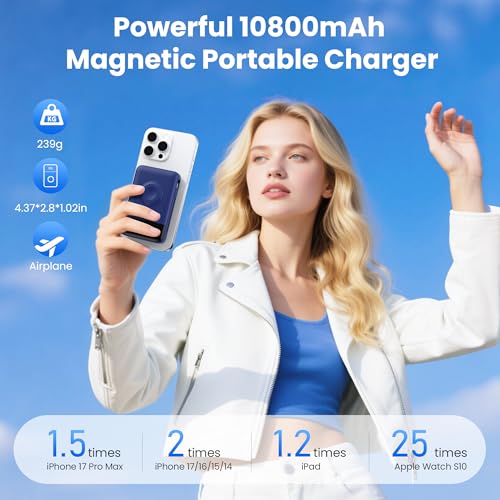 Ekrist Magnetic Portable Charger 10800mAh for MagSafe with Built-in Cable,iWatch Charger,Wireless Power Bank Travel Essentials,25W Fast Charging Battery Pack for iPhone 17/16/15/14,Apple Watch(Blue) - color: Blue