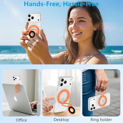 Magnetic Phone Ring Holder, 360° Rotation Foldable MagSafe Phone Grip Stand - color: orange