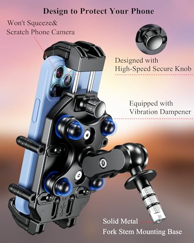BRCOVAN Anti-Theft Motorcycle Fork Stem Phone Mount with Vibration Dampener