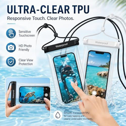 OKEA 2-Pack IPX8 Waterproof Phone Pouch, Universal Cellphone Dry Bag for Devices up to 7.2", Touchscreen & Underwater Photo Friendly, Secure Knob Lock Case for Swimming, Diving, Beach, Travel Clear