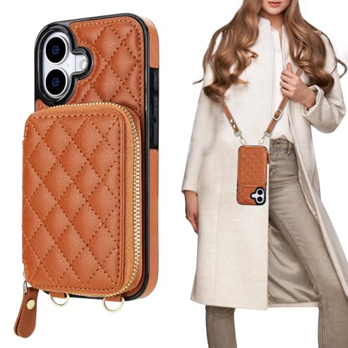 Bocasal Crossbody Wallet Case Card Holder for iPhone 17, Brown | RFID Blocking PU Leather Zipper Handbag Purse, Kickstand Flip Folio Case with Card Slots Holder Wrist Strap Lanyard 6.3 Inch - color: Brown