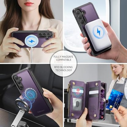 Defencase for Galaxy S25 Plus Case Wallet Compatible with Magsafe, Purple | Magnetic Detachable, RFID Bolcking Card Holder, Zipper Strap, PU Leather Drop-Proof Phone Cover for Samsung Galaxy S25+/Plus - color: (Detachable with Magsafe)-Purple