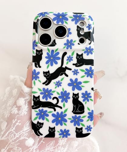 Qokey Compatible for iPhone 17 Pro Max Case 6.9", Black Cats on Garden, Frosted Texture Fingerprint-Resistant Floral Shockproof Phone Cover for Women Girls, Purple Blue Flower - color: Black Cats Purple Blue Flower