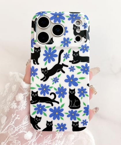 Qokey Compatible for iPhone 17 Pro Max Case 6.9", Black Cats on Garden, Frosted Texture Fingerprint-Resistant Floral Shockproof Phone Cover for Women Girls, Purple Blue Flower - color: Black Cats Purple Blue Flower