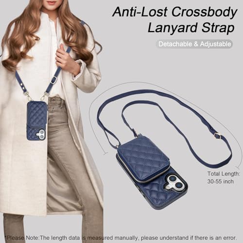 Bocasal Crossbody Wallet Case Card Holder for iPhone 17, Dark Blue | RFID Blocking PU Leather Zipper Handbag Purse, Kickstand Flip Folio Case with Card Slots Holder Wrist Strap Lanyard 6.3 Inch - color: Dark Blue