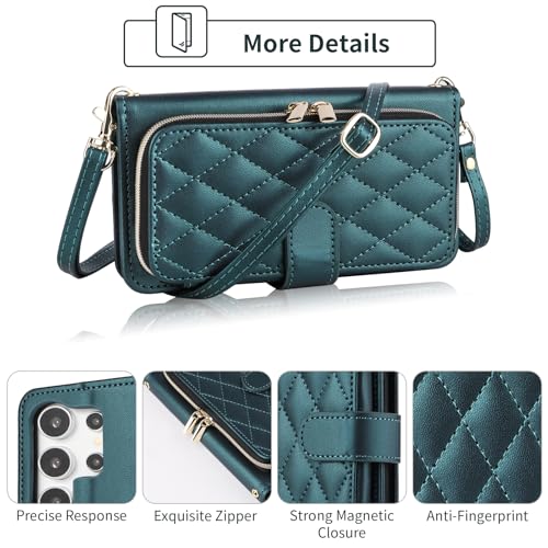 Wallet Case for Samsung Galaxy S22 Ultra 5G with Detachable Wrist Strap, 9+ Card Slots Zipper Purse, Luxury PU Leather Stand Full Body Phone Cover for S22ultra 22S S 22 S22ultra5g 6.8 Green | Wrist/Shoulder Strap, 9+ Card Slot, Luxury PU Leather, Full Bod
