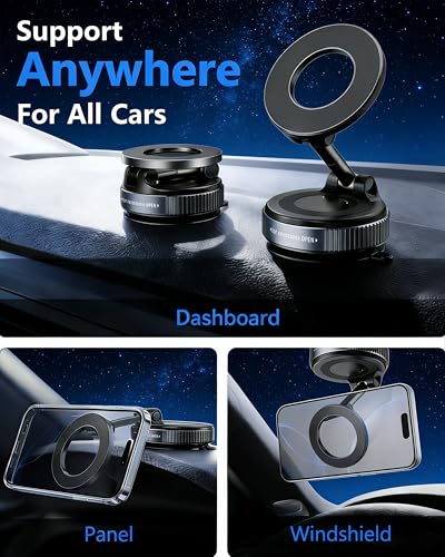 Vacuum Magnetic Car Phone Holder, 2800gf Strong Magnet 360° Rotatable Suction Cup Mount for Dashboard Windshield Rearview Mirror, Universal MagSafe Car Mount for iPhone Android, Black