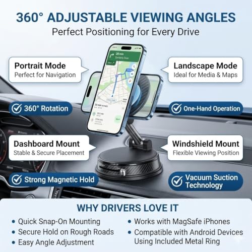 Magnetic Car Phone Holder for MagSafe, Vacuum Suction Mount, 360° Adjustable Dashboard & Windshield Mount, Strong N52 Magnetic Phone Holder for iPhone 17/16/15/14, Samsung Galaxy, Metal Ring Included