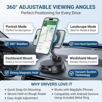 Magnetic Car Phone Holder for MagSafe, Vacuum Suction Mount, 360° Adjustable Dashboard & Windshield Mount, Strong N52 Magnetic Phone Holder for iPhone 17/16/15/14, Samsung Galaxy, Metal Ring Included
