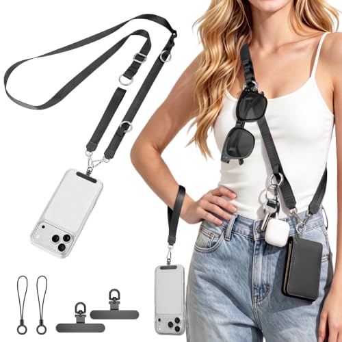 takyu Multifunctional Phone Lanyard, 3 in 1 Cell Phone Detachable Adjustable Crossbody Strap & Neck Lanyard & Wrist Lanyard with 2x Tether Tab for Most Smartphones, Outdoor Travel Essential Black - color: Blackx1