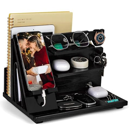 KOCWELL Wood Phone Docking Station, Gifts for Men, Nightstand Organizer Wood for Phone Tablet Earphones Watch Wallet Rings Pens Keys Notebook etc, Birthday Gifts for Men Husband Dad Boyfriend(Black)