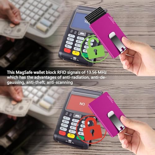 Magnetic Card Holder with Money Clip,for Magsafe Phone Wallet with Slide Button Quick Access to Bank Credit Card,Metal RFID Blocking Case for IPhone 17/16/15/14/13/12 Series(No 12/13 mini) (Rose Red) - color: Basic Magnetic With Clip - Rose Pink