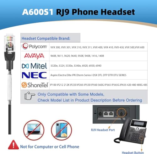 Arama Phone Headset for Office Phones for Polycom & Other IP Phones(A600S1)