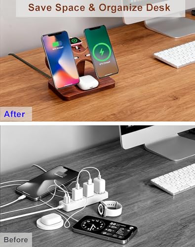 Compatible with Magsafe Dual Phone Charging Station for Apple Devices,Two Phone Wireless Charger for iPhone 17/16/15/14/13,AirPods & Apple Watch,Wood Charger Stand,Gift for Men Dad Boyfriend